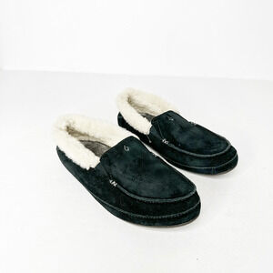 OLUKAI KU'UNA Shearling Slipper women's Black nubuck leather drop heel US 6